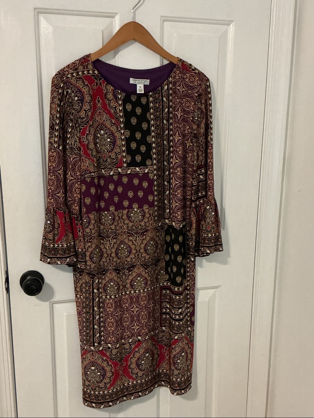 Patchwork Paisley Long Sleeve Dress in Burgundy and Black